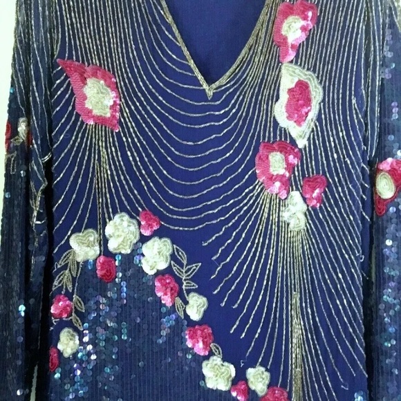 Vintage Royal Blue Sequin Beaded Dress Lined Shoulder Pads Mesh Pink Gold Gatsby - Picture 6 of 13